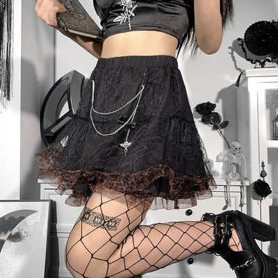 Dark gothic hollow lace fluffy layers cupcake skirt high waist leopard trim with chain