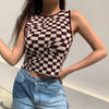 Plaid contrast color asymmetric geometry grid slim round neck vest knitwear sleeveless crop top sweatshirt