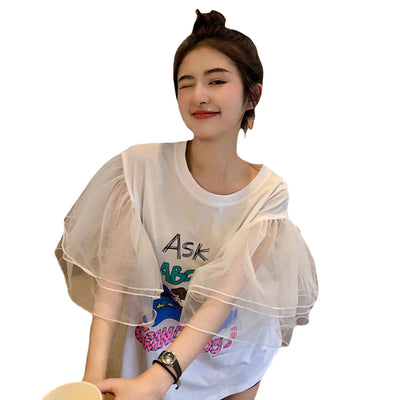 3D kawaii mesh bubble sleeve sweet long tee shirt cartoon printing cotton T-shirt look young