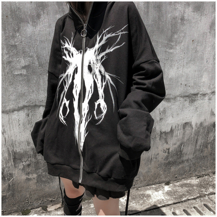 Gothic prints hoodie zipper placket cardigan loose oversize casual wear street hipster