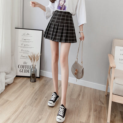 retro kawaii college outfit high-waisted grid print plaid pleated skirt for girls