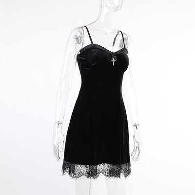Dark gothic velvet lace trim sling dress for devil queen and sexy princess cross pendant