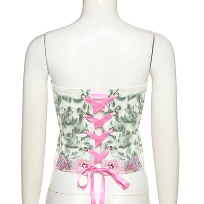 Classic European prints women lace up spaghetti wrap bra off shoulder backless ribbon vest camisole