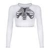 Character chic sternum skeleton skull print long-sleeved T-shirt European style translucent top