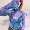 Stand collar tie dye print sexy mesh slim fit T-shirt flared sleeves stitching women top