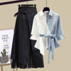 Plus size splicing V neck bow knot shirt long mesh irregular hem skirt set