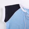 Splicing contrast colors lace-up V-neck raglan sleeves knitwear T shirt academic style for hot girls
