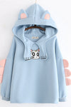 Kawaii baby kitty with crescent mark ears and claws soft style cute embroidered hooded loose fit sweatshirt pastel color