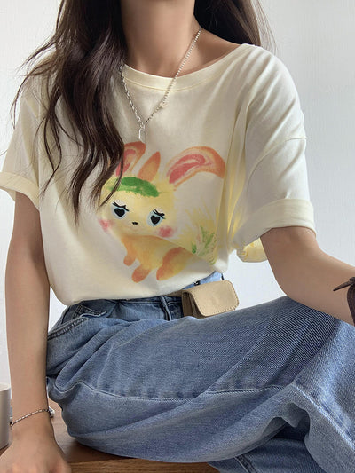 Water paint cartoon elephant rabbit graffiti T-shirt Korean fashion loose casual cotton top tee