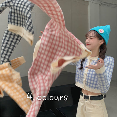 Japanese 2022 new plaid checkered retro vintage knitted cardigan kawaii crop top jacket various colors
