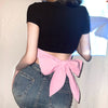 Kawaii big pink bow knot double chains neckline slim fit crop top street fashion party T-shirt