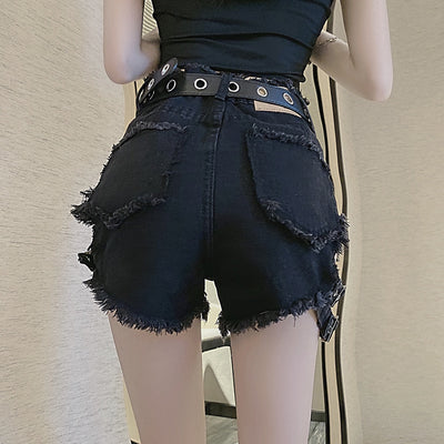 Kpop sexy high waist hollow cut bandage belt denim shorts destroyed fray edge women hot pants