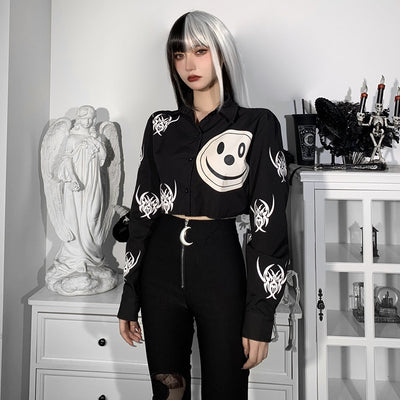 Dark gothic smiley face print with spiders crop top frayed edge button placket long sleeve cardigan sexy jacket