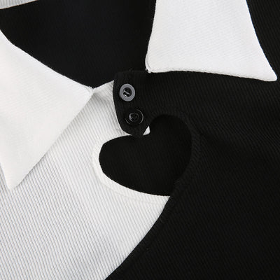 Heart hollow splicing cuts mini dress lapel collar drawstring pleated slim fit A-line skirt