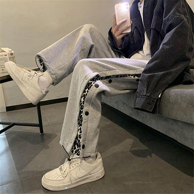 Plus size 2-way dressing leopard buttons eyelets sports casual loose kawaii sweatpants wide leg pants warm trousers for winter