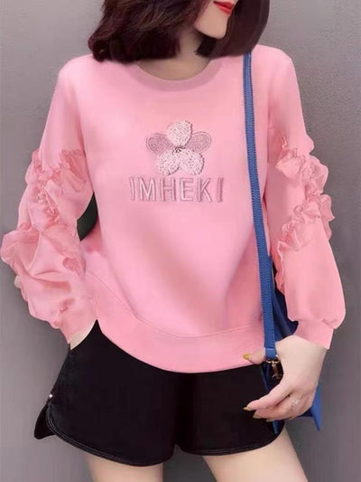 Kawaii 3D embroidery floral letters pullover long sleeves T-shirt agaric edge stitches