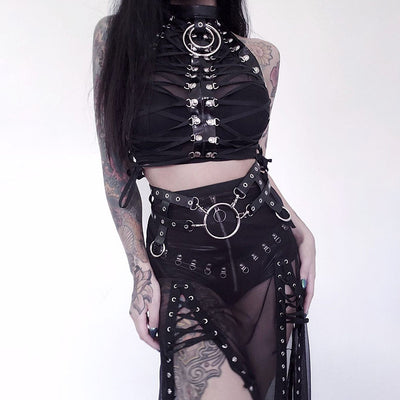 Sexy gothic Roman gladiator 3D style rivet lace up strappy mesh dew umbilical bandage vest halter neck