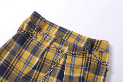 2022 kawaii splicing slim fit top and skirt set off shoulder long sleeve shirt plaid asymmetric skirt heart chain