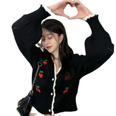 new cute retro- Korean argyle knits love cherries knitwear embroidery lace trim cardigan