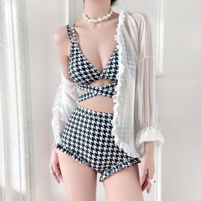 Kpop Song Zhiya sexy high waist houndstooth split swimsuit strappy cross knot ruffle trims bikini