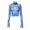 Stand collar tie dye print sexy mesh slim fit T-shirt flared sleeves stitching women top
