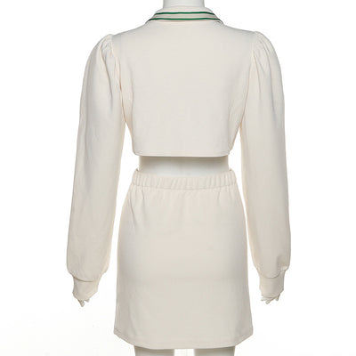 European style stripes lapel collar hollow cut waist tight fit skirt dress set