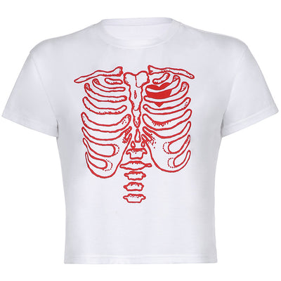 Skeleton chest bone print hit color Tee 2022 summer streetwear trendsetter crop top casual T-shirt top