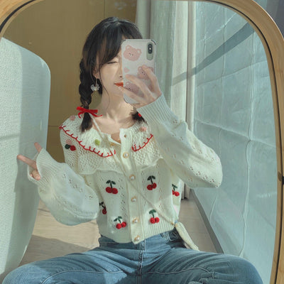 Heavy handmade Japanese Style Cherry Hollow design Jacquard Cardigan Knitwear Short Sweater Top