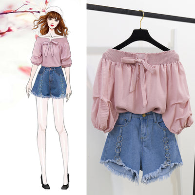 Off Shoulder chiffon blouse bow knot ruched trim top and jeans set ripped shorts