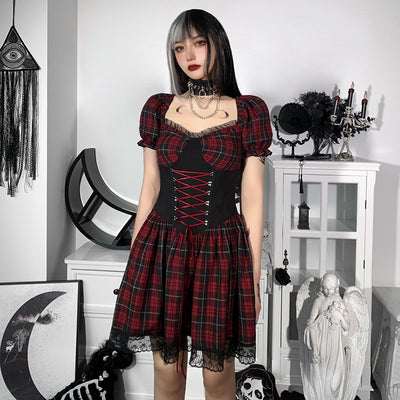 V-neck plaid short sleeves drawstring corset high waist A hem skirt lace patchwork women gothic dress