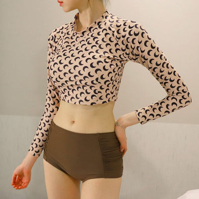 Kpop Jennie sexy crop top long sleeve crescent print split bikini swimsuit