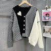 Niche design sweater V-neck knitted cardigan mismatch stitching irregular coat heart applique