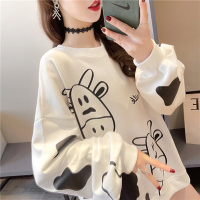 2021 Spring Loose Fit Korean Style sweatshirt milk cow cartoon print pullover for women