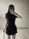 Long polo shirt knitted fabric drawstring laceup tie knot pleated dress lapel collar A line skirt for girls kawaii