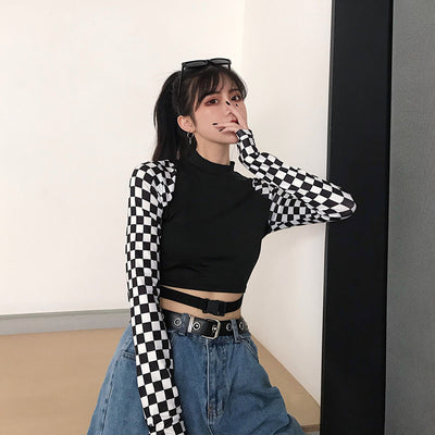 Splicing checkerboard patchwork plaid belt buckle crop top sexy long sleeves women gothic T-shirt