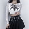 Charakter schickes Brustbein Skelett Totenkopf-Print langärmeliges T-Shirt im europäischen Stil durchscheinendes Top