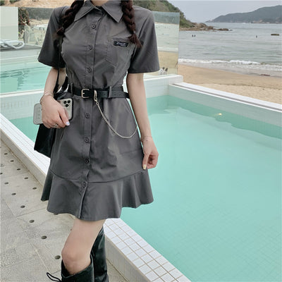 Ruffle hem fishtail dress slimfit waist polo collar cargo style button placket A line lotus skirt