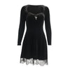 Dark gothic lace trim long sleeve Korea velvet stitching round neck skater mini dress