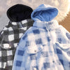 Fake two pieces checkerboard plaid berber fleece hooded jacket loose casual outfit bf style thickened hoodie