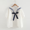 Loose navy collar bow tie knot cotton blouse women pullover kawaii
