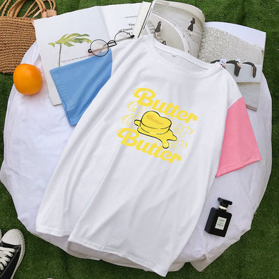 Kpop BTS album Butter fandom apparel pastel splicing t-shirt women tee loose fit