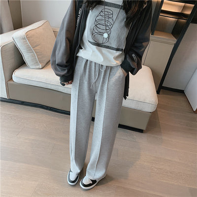 Cotton wide-leg casual pants drawstring waist sweatpants loose fit straight pleated line