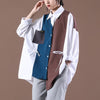 Splicing block color loose fit drawstring cardigan jacket shirt stitches irregular hem sweater for women