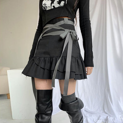 2021 dark gothic casual bandage high waist layered pleated flounces skirt ripped trim