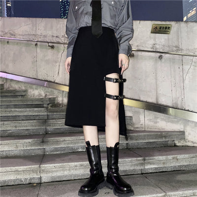 Irregular split fork midi length skirt Harajuku style high-waisted thin dragon prints
