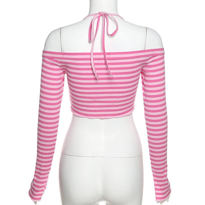 2022 European striped asymmetric Tee halter neck heart pendant sexy off shoulder knitted shirt