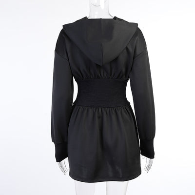2022 slim hooded sexy gothic waistband thin bodysuit mini dress skater hoodie