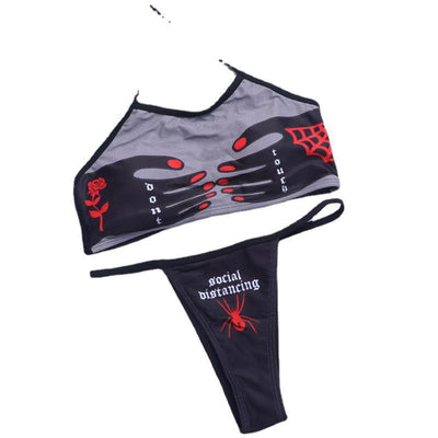 Meme rose and mesh bikini swimsuit swimwear red spider social distancing wordings