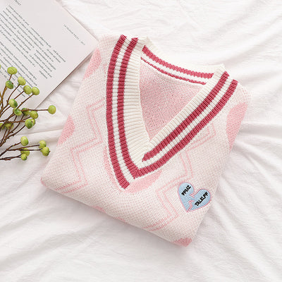 Embroidery heart lovely sleeveless sweater V-neck knitted vest kawaii college style pullover outfit