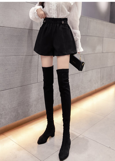 Woolen shorts boots pants winter outfit hip tight high waist wide leg A-line plus size expandable waist